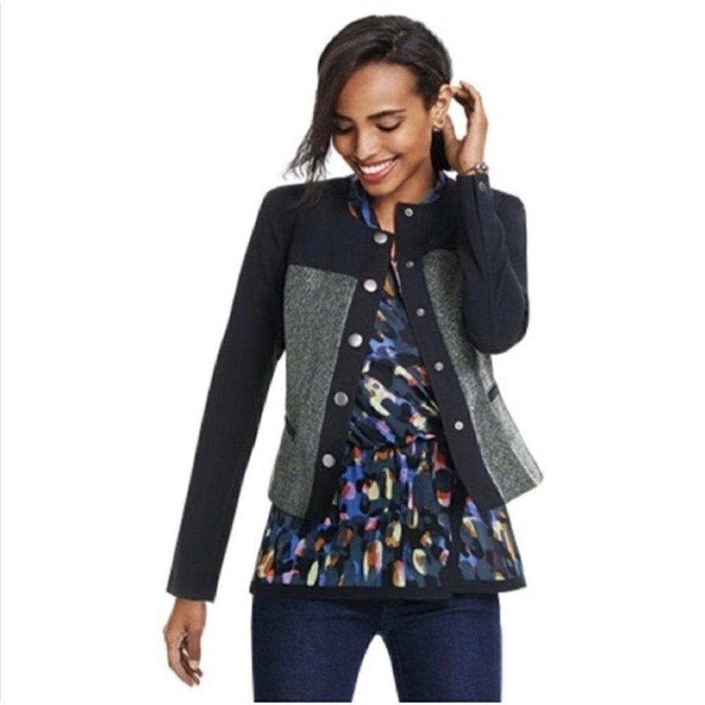 Cabi Women's Black Green Mixed Media Metallic Tweed Blazer Snap Up Jacket Small